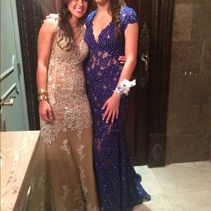 Blue long sequin & lace prom gown